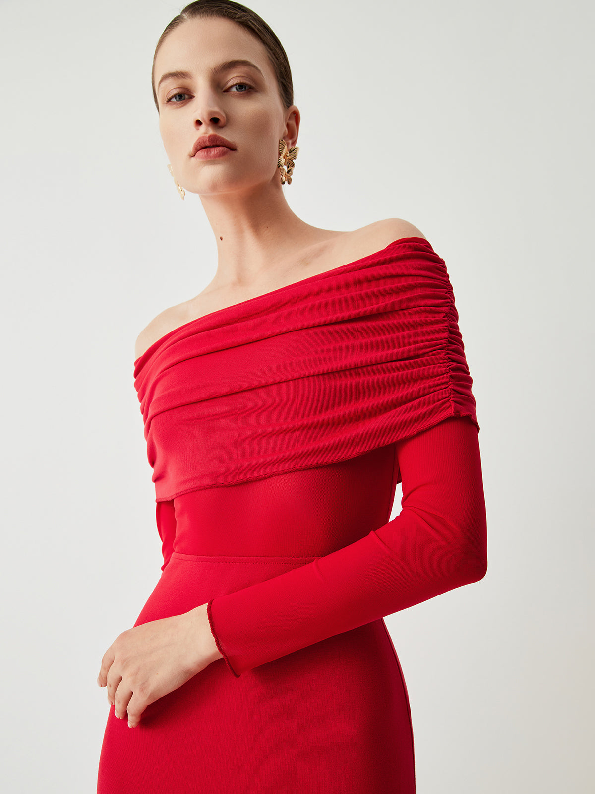 Overfold Off Shoulder Mesh Long Sleeve Long Dress