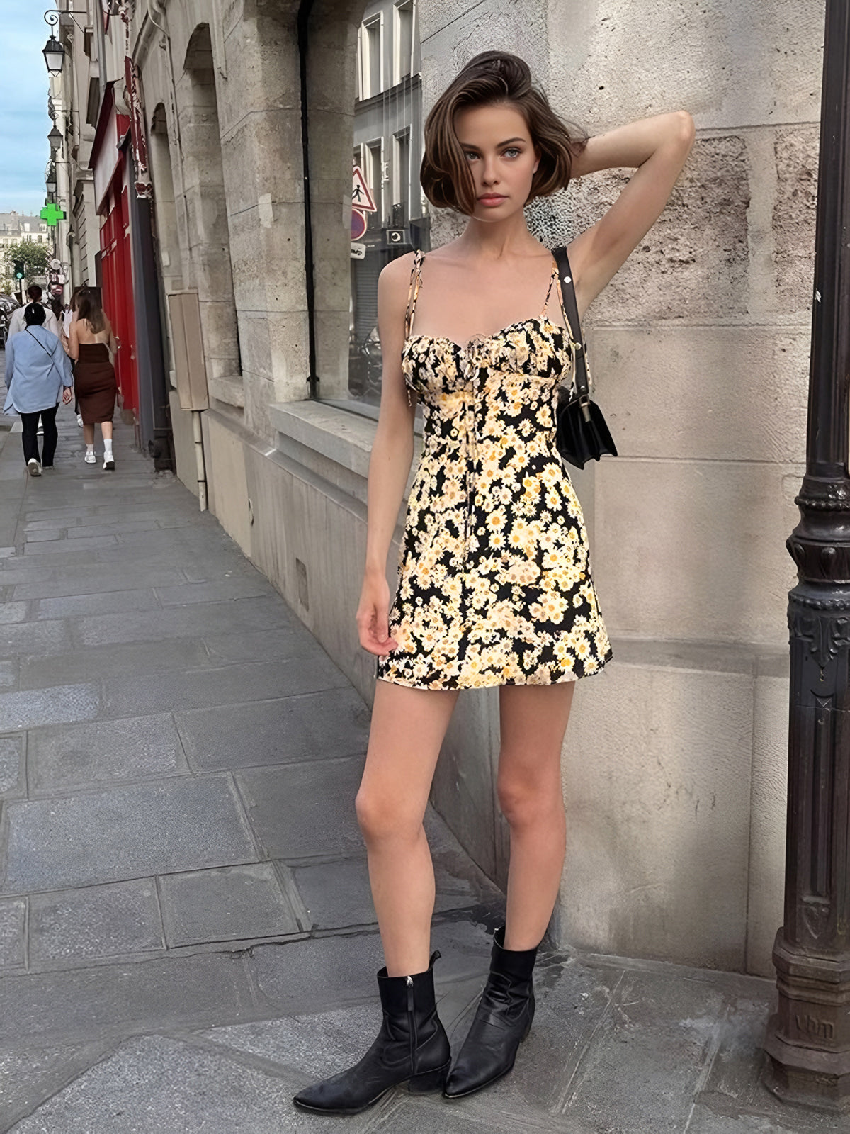 Daisy Printed Tie Up Short Dress