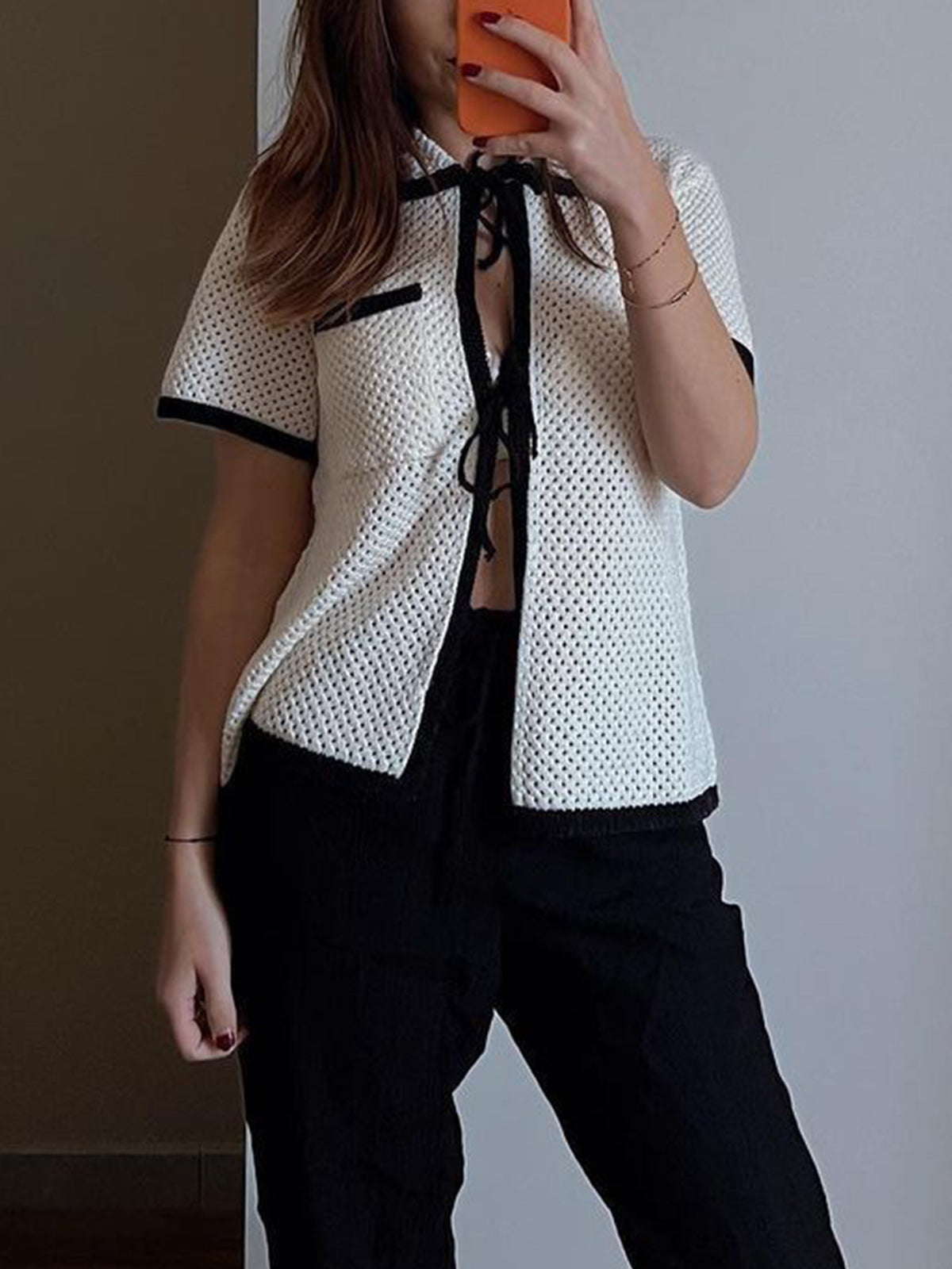Eyelet Contrast Graceful Trim Tie-Front Cardigan Off-White / S Sweaters-L