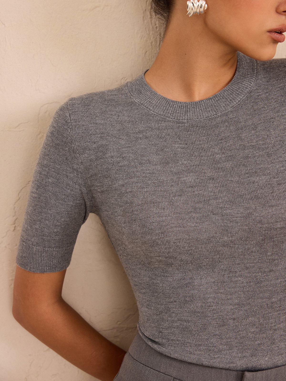 Wool-Blend Short Sleeve Knit Top