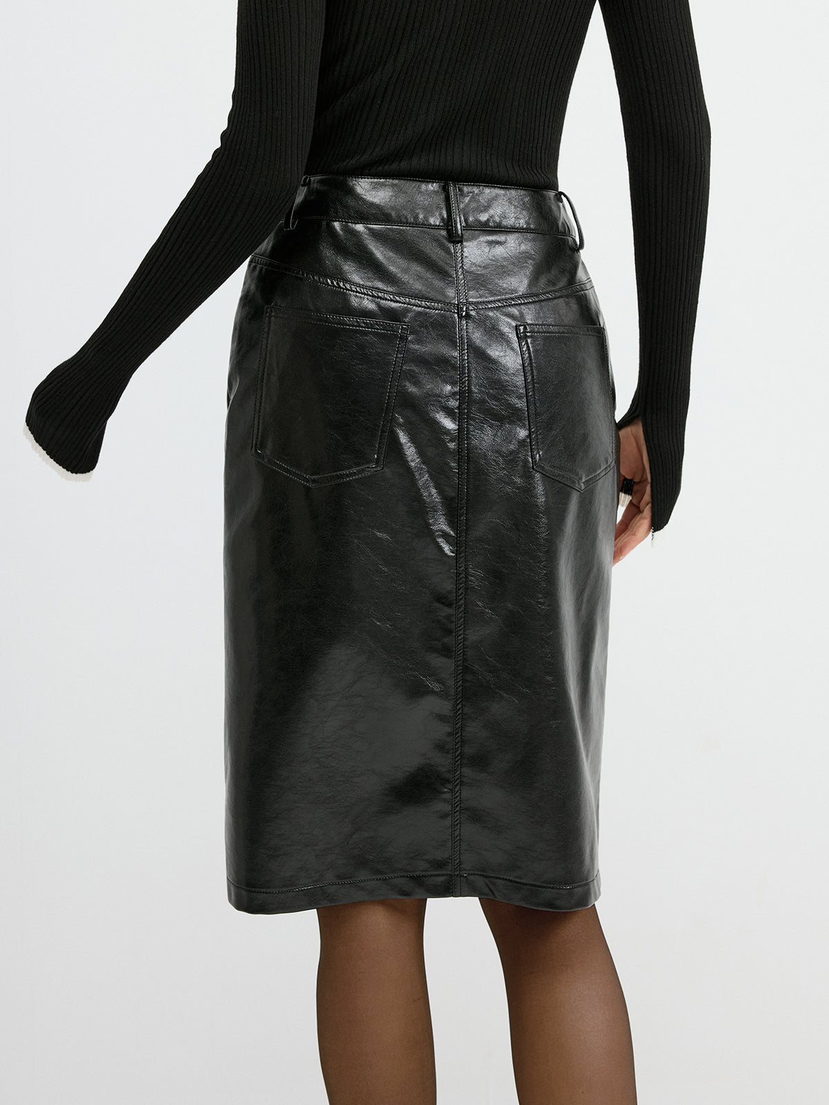 PU Leather Pocket Slit Midi Skirt without Belt