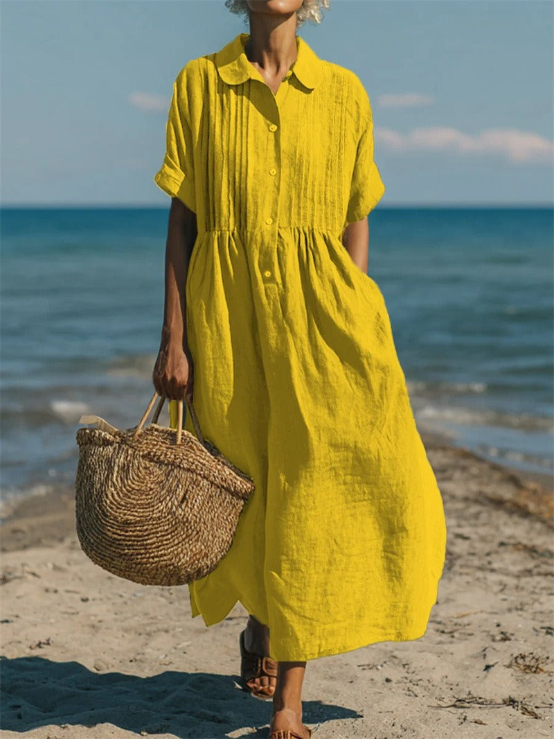 Collared Button Front Pintuck Rolled Sleeve Shirt Maxi Dress 7