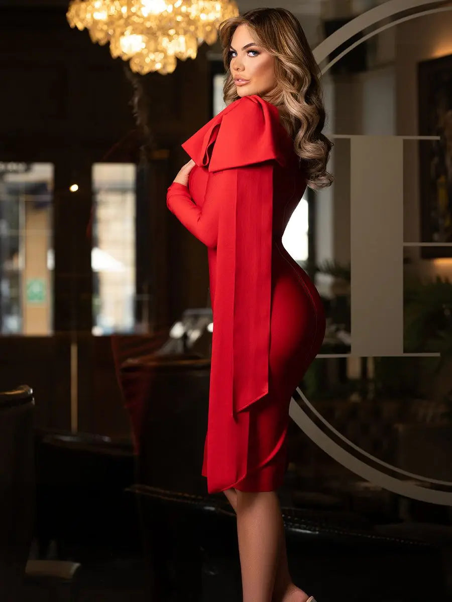 High Quality Red Asymmetrical Bandage Evening Dress Ruffle Split Bodycon Party Dress