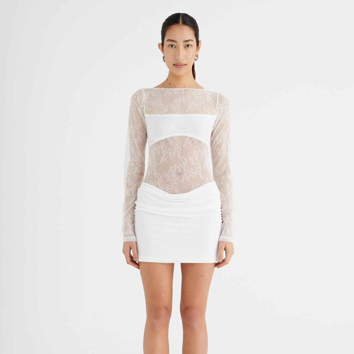 Round Neck Long Sleeve Sheer Floral Lace Bodycon Mini Dress 11