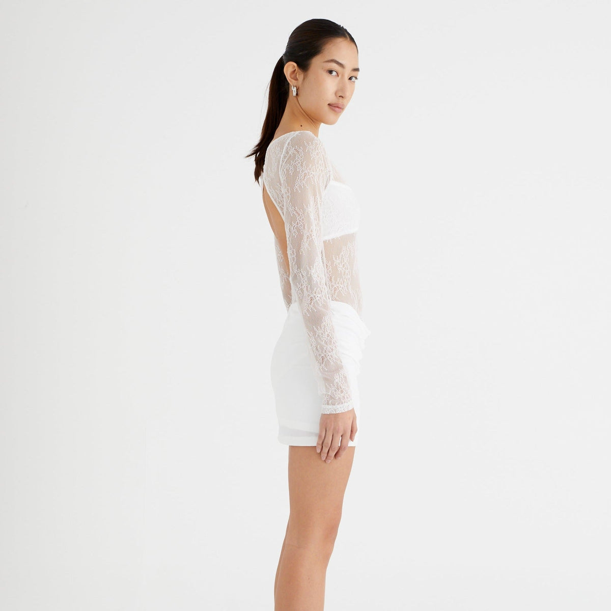 Round Neck Long Sleeve Sheer Floral Lace Bodycon Mini Dress 12