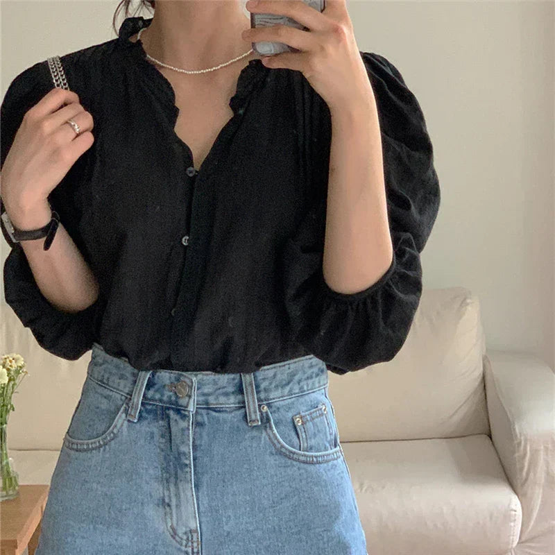 Sweet Puff Sleeve Oversized Vintage Blouse Black / S blouse-250223