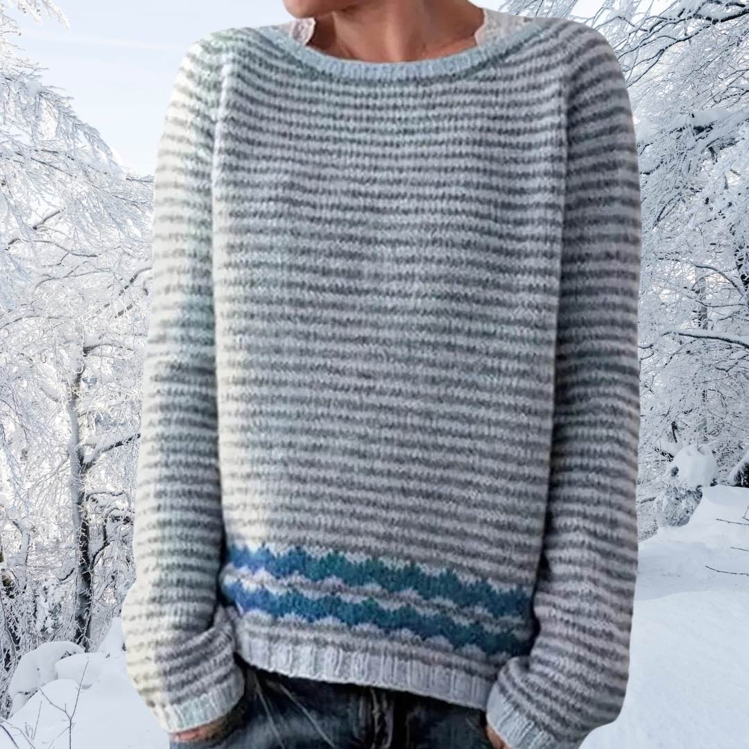 Blue Boat Neck Striped Chunky Knit Sweater