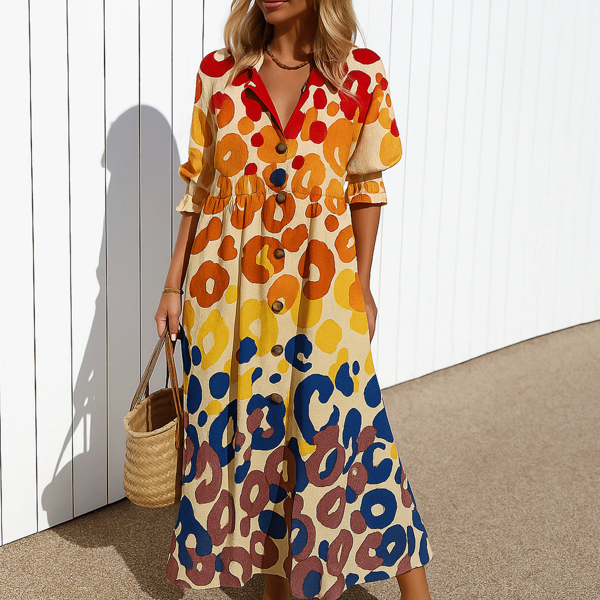 Ruffle V-Neck Geometric Print Long Sleeve Bohemian Maxi Dress