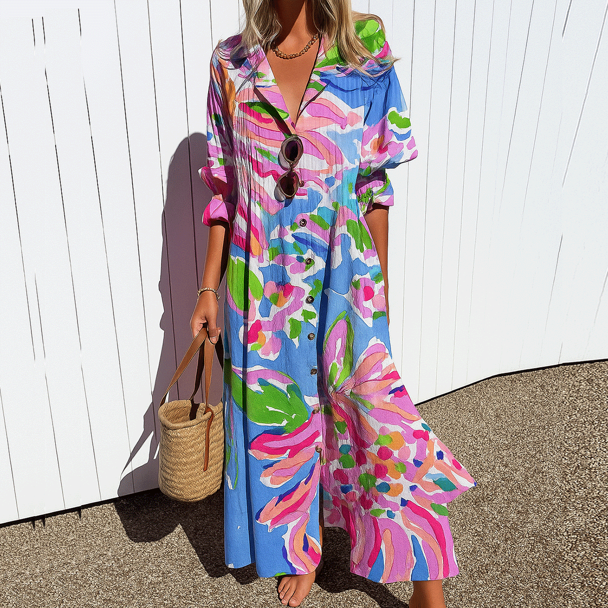 Ruffle V-Neck Geometric Print Long Sleeve Bohemian Maxi Dress