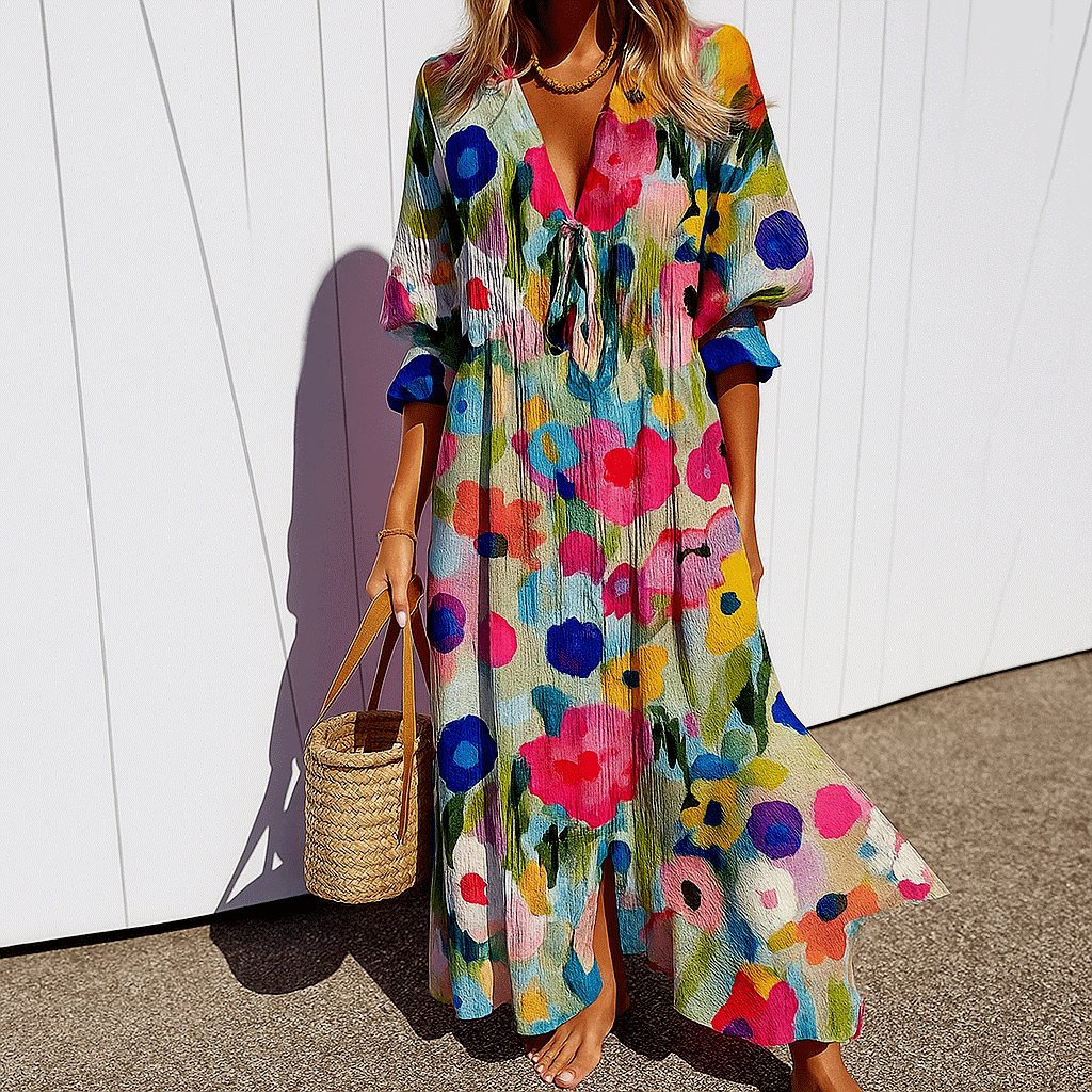 Ruffle V-Neck Geometric Print Long Sleeve Bohemian Maxi Dress