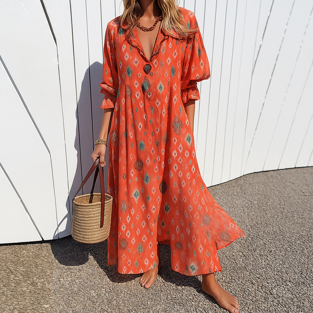 Ruffle V-Neck Geometric Print Long Sleeve Bohemian Maxi Dress