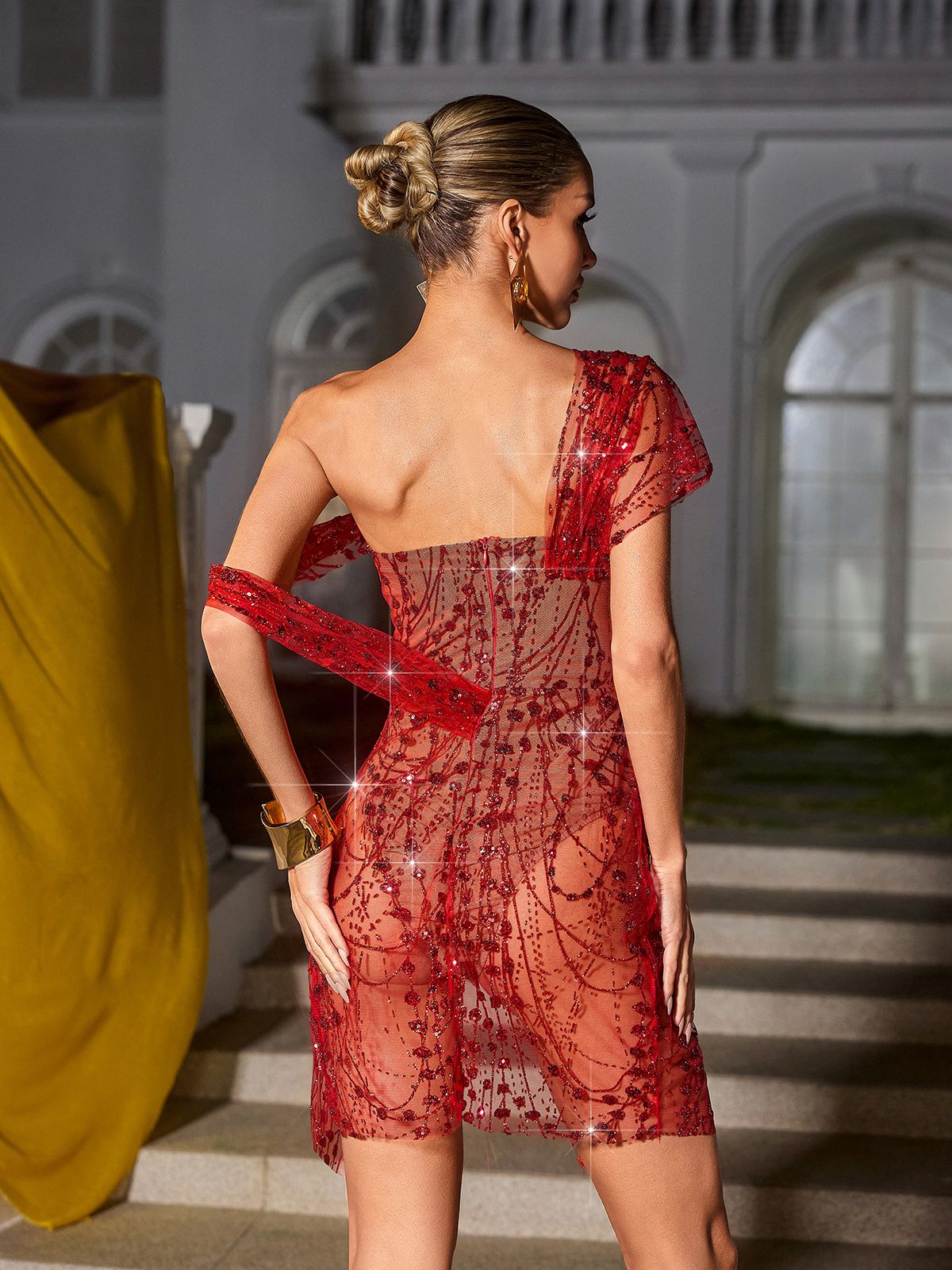 Split Sequin Mini Dress In Red