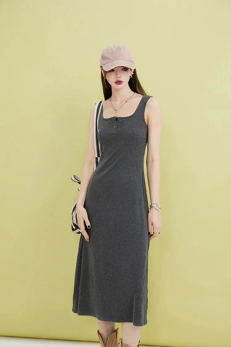 Basic Casual Button Up Midi Dress