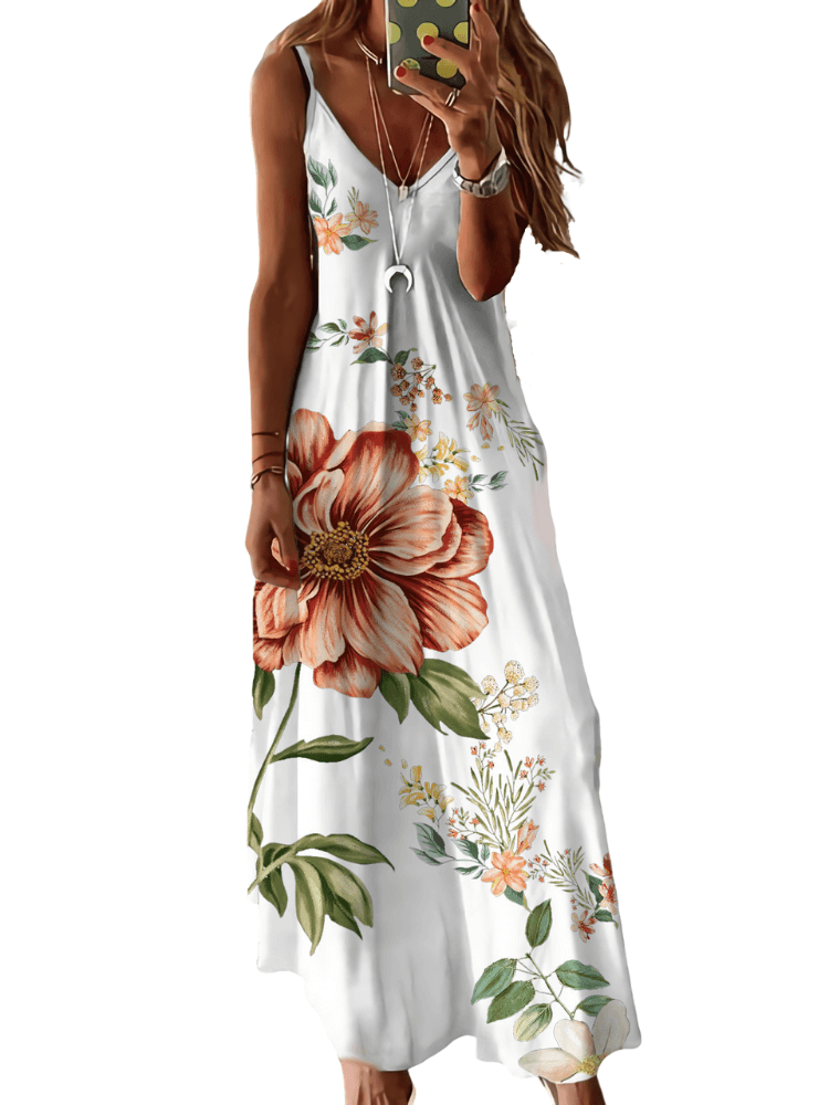 Basic Sleeveless White Print Maxi Dress