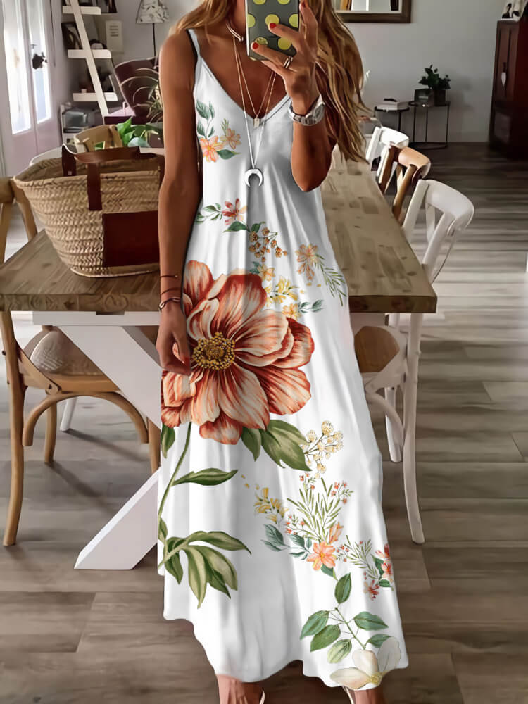 Basic Sleeveless White Print Maxi Dress