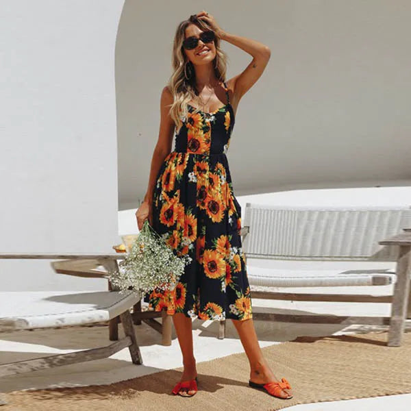 Printed Sling VNeck Summer Midi Dress