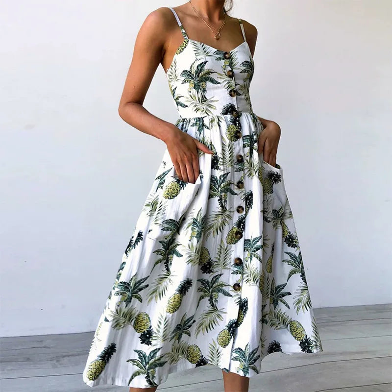 Printed Sling VNeck Summer Midi Dress
