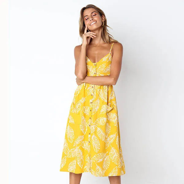 Beach Printing Suspenders Robe VNeck Seeveless Women's Vestiti Donna Midi Dresses