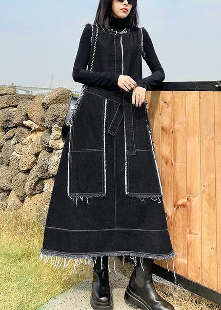 Beautiful Denim Black Tunics O Neck Patchwork Maxi Spring Dress