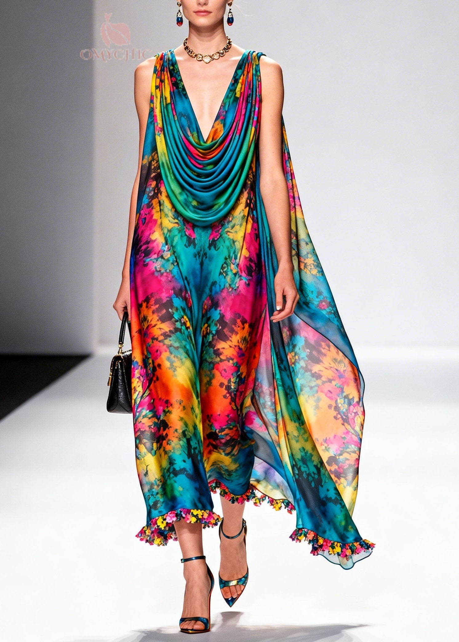 Beautiful Draped Neckline Print Floral Chiffon Dress Sleeveless