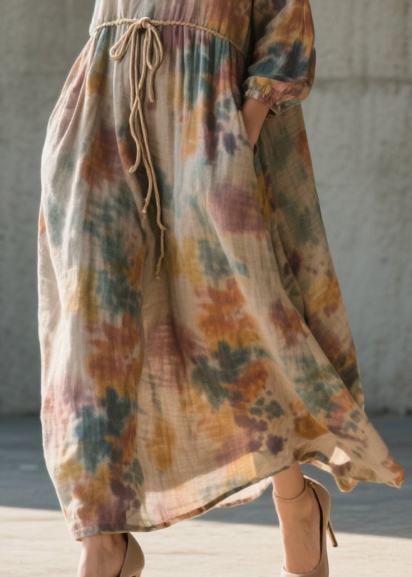 Beautiful Khaki Cinched Tie Dye Cotton Long Dress Fall