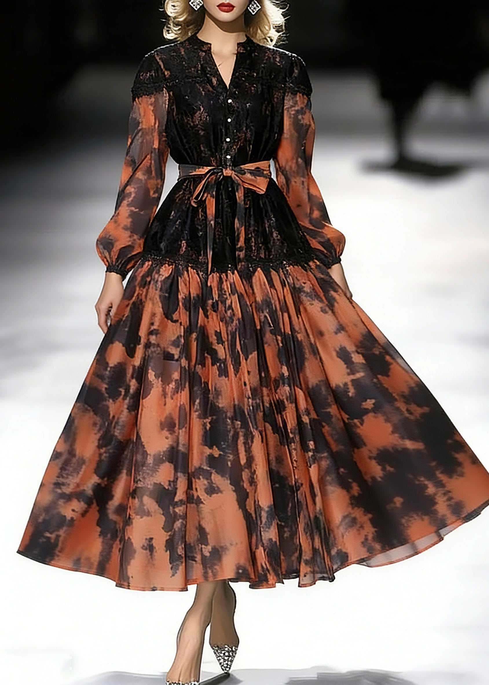 Beautiful Orange Print Tie Waist Chiffon Long Dress Lantern Sleeve