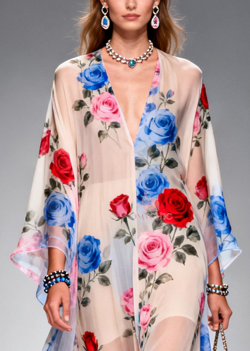 Beautiful Oversized Floral Print Chiffon Holiday Dress Summer