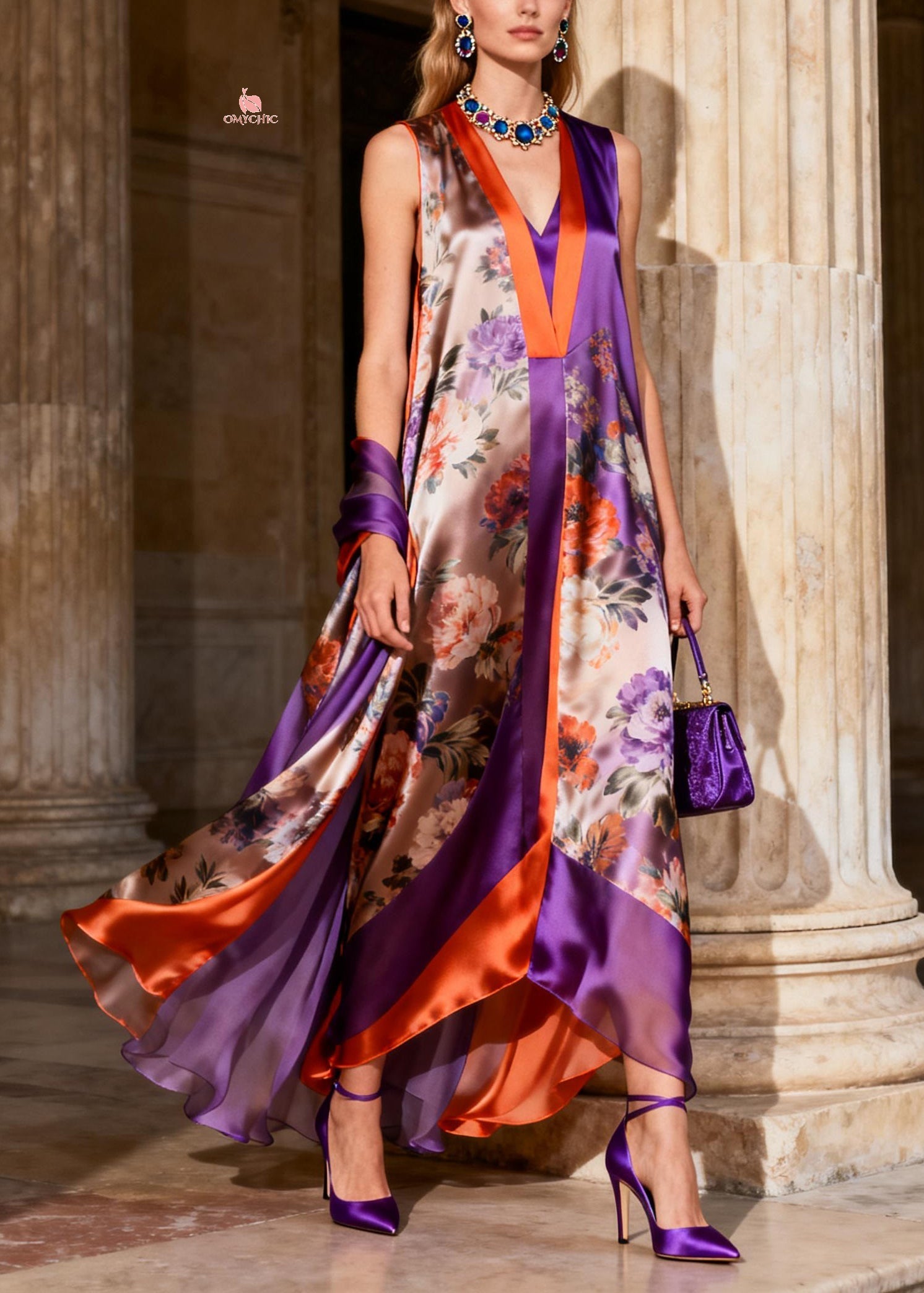 Beautiful Purple V Neck Chiffon Maxi Spaghetti Strap Dresses Summer