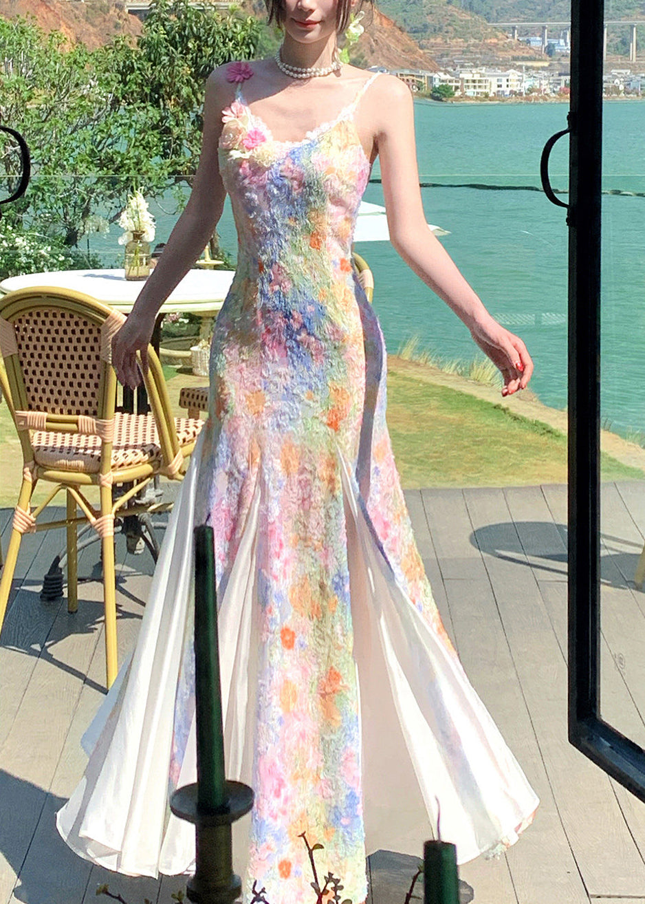 Beautiful Rainbow Floral Maxi Spaghetti Strap Dress Summer