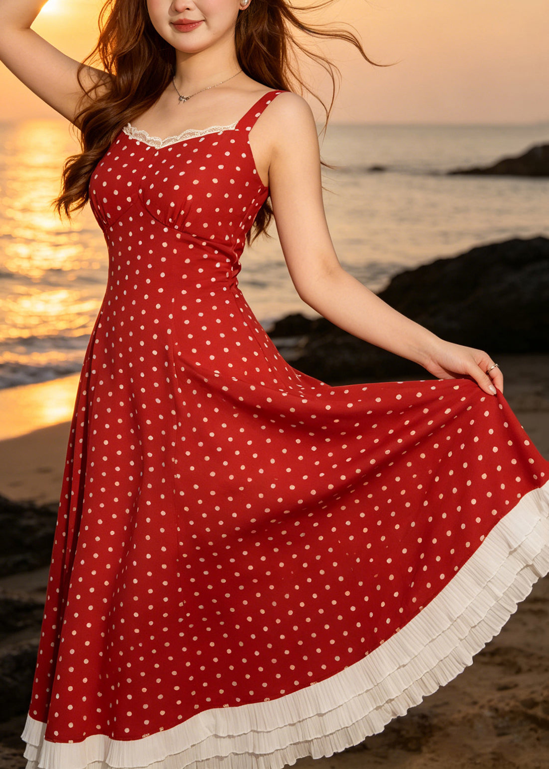 Beautiful Red Dot Lace Patchwork Chiffon Sundress Summer