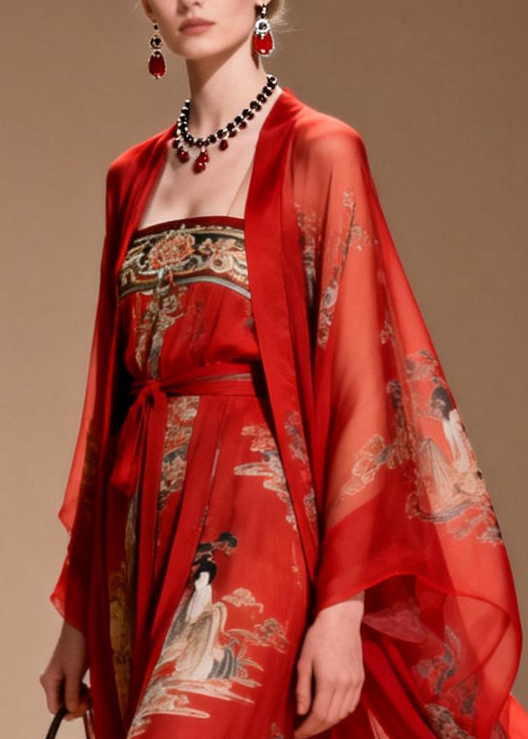 Beautiful Red Print Draping Chiffon Oriental Dress Two Piece Suit Set Summer