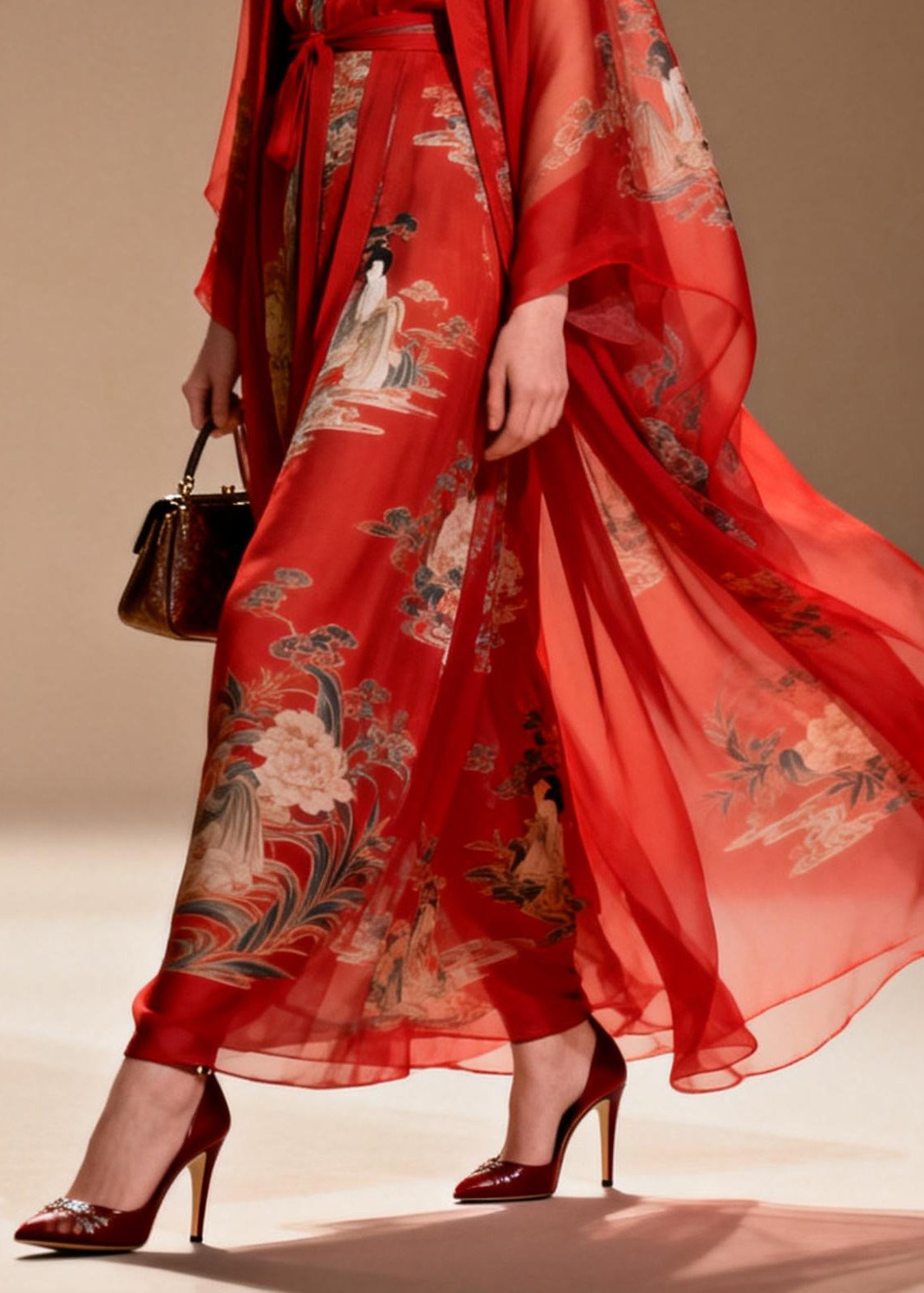 Beautiful Red Print Draping Chiffon Oriental Dress Two Piece Suit Set Summer