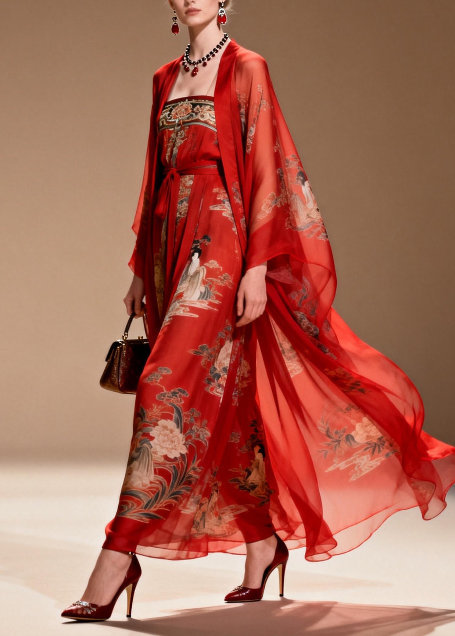 Beautiful Red Print Draping Chiffon Oriental Dress Two Piece Suit Set Summer