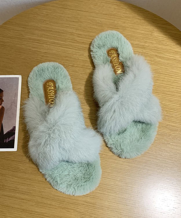 Fuzzy Faux Fur Cross Band Open Toe Slippers