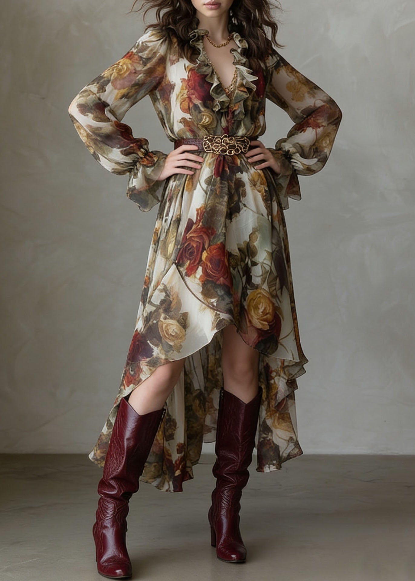 Beautiful V Neck Asymmetrical Design Ruffled Print Chiffon Dress Summer