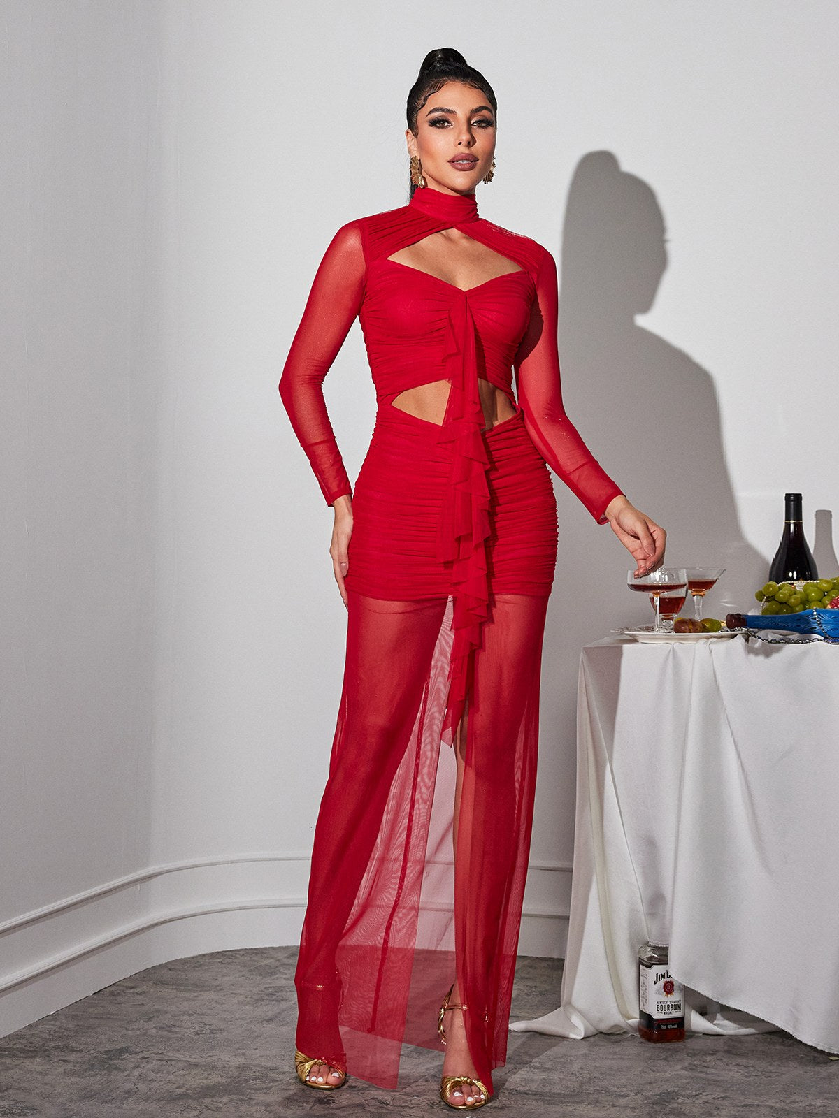 Long Sleeve Cutout Mesh Maxi Dress