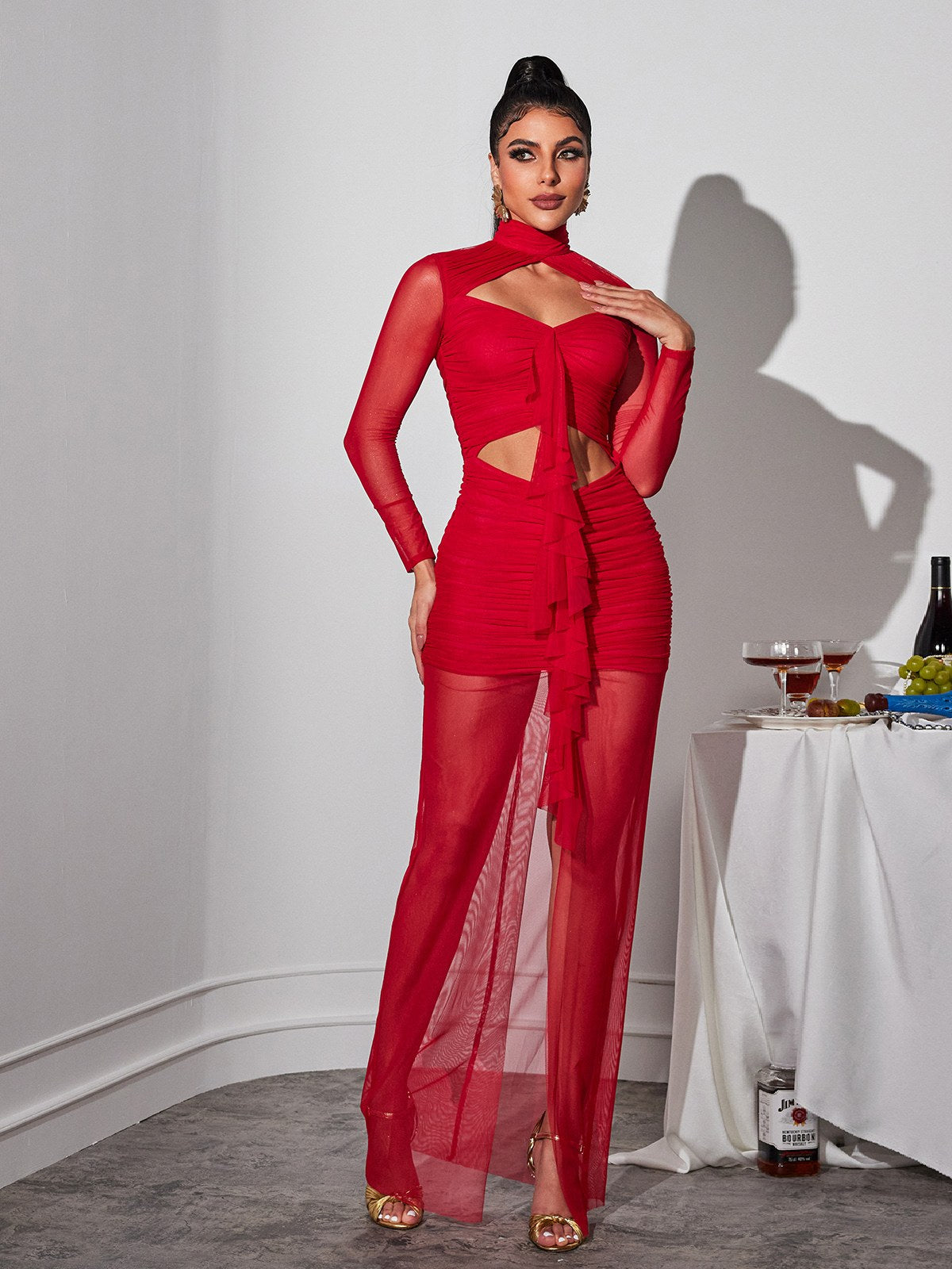 Long Sleeve Cutout Mesh Maxi Dress