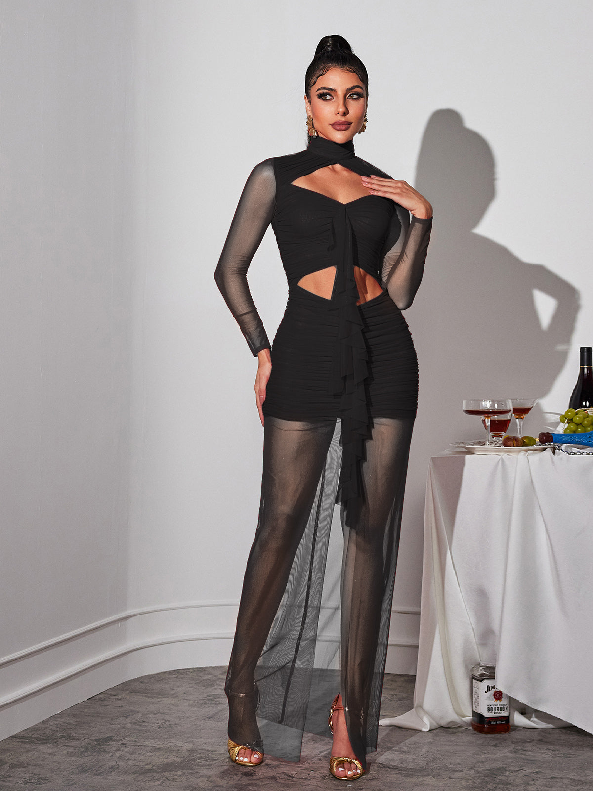 Long Sleeve Cutout Mesh Maxi Dress In Black