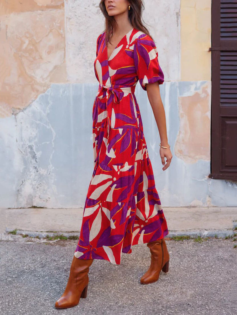 V - Neck Puff Sleeves Slit Printed Maxi Dress
