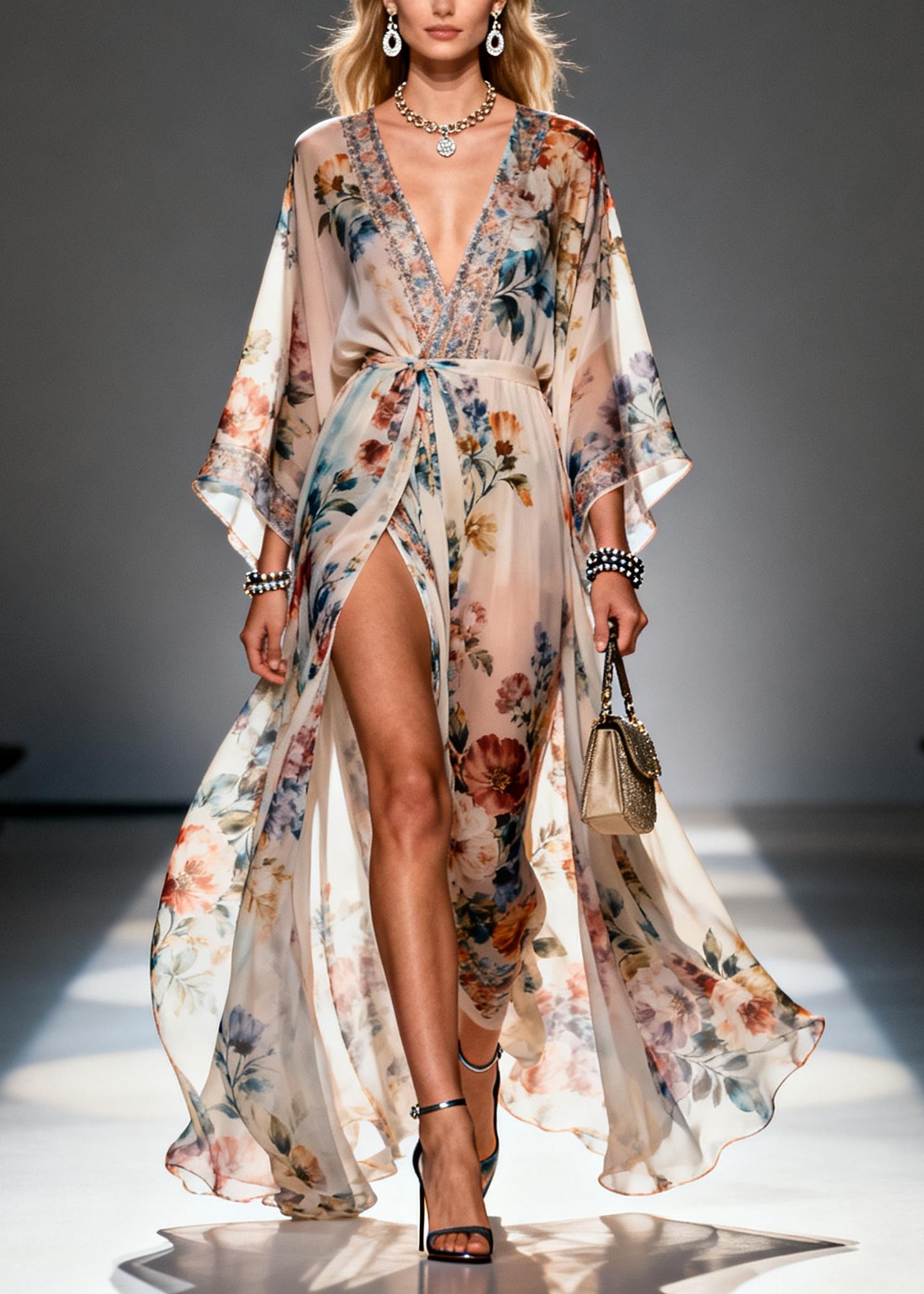 Beige Print Chiffon Maxi Dresses Exra Large Hem Side Open Summer
