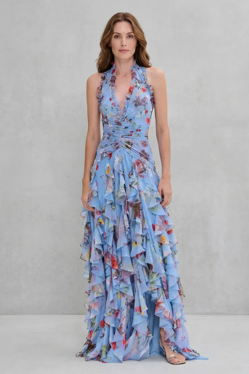 Halter V-Neck Floral Ruched Cascading Ruffle Maxi Gown 7