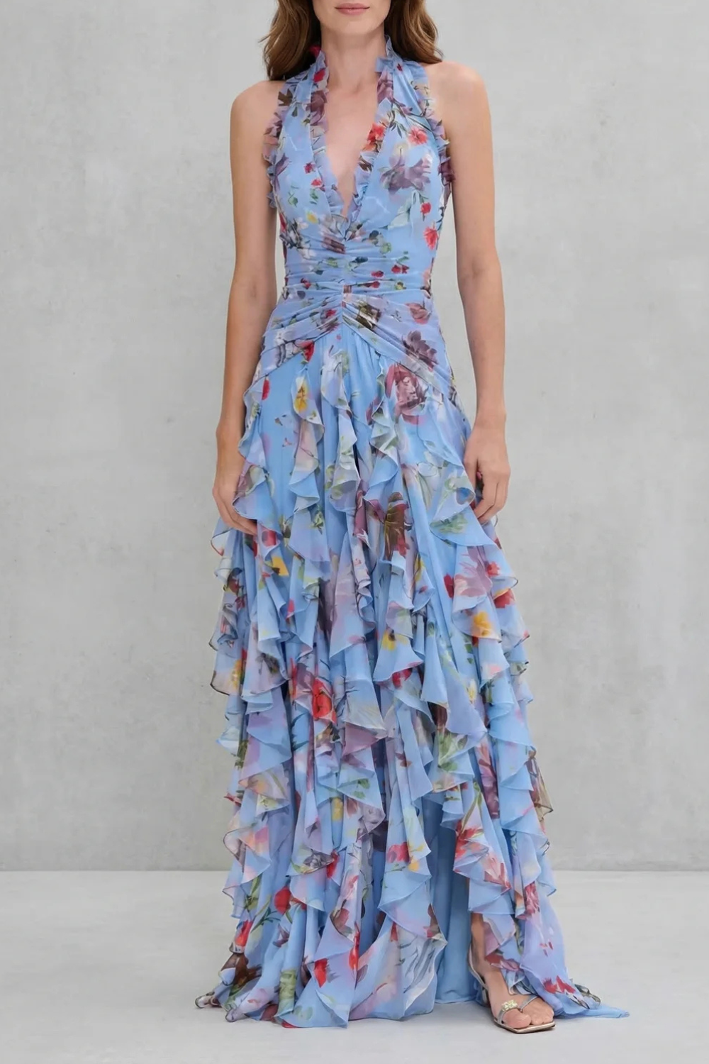 Halter V-Neck Floral Ruched Cascading Ruffle Maxi Gown 6