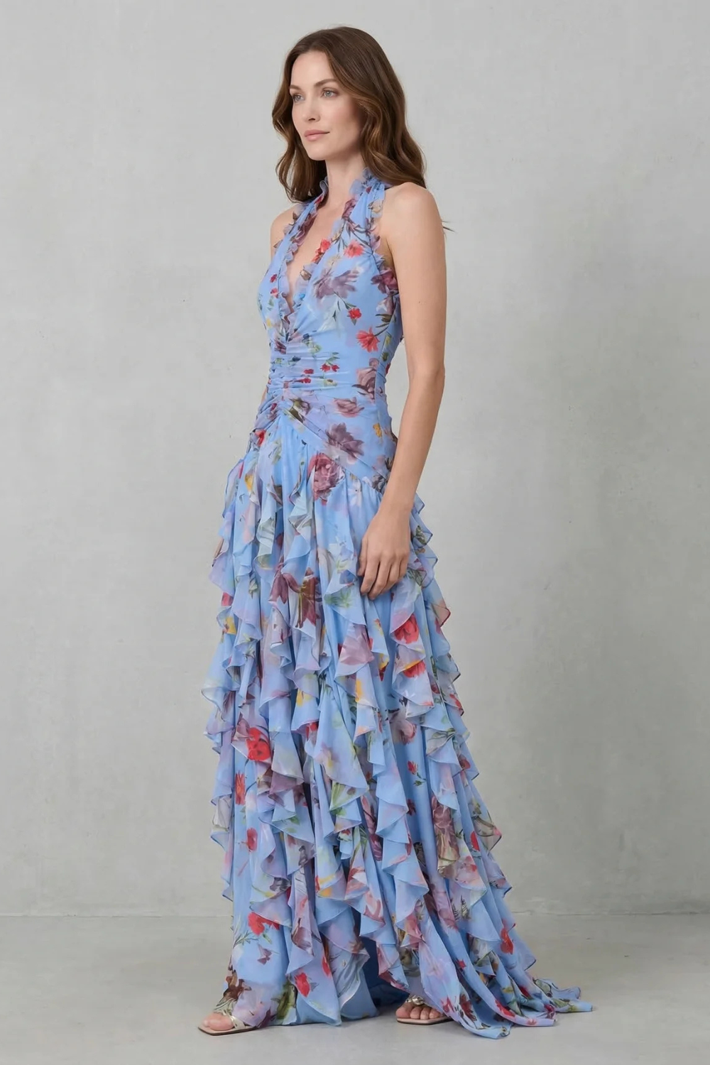 Halter V-Neck Floral Ruched Cascading Ruffle Maxi Gown 8