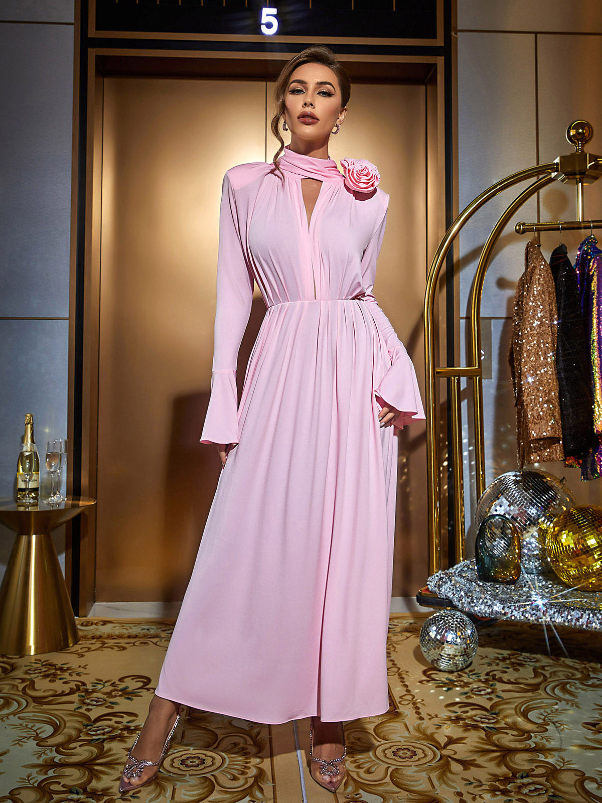 Tie Neck Rosette Bell Sleeve High Slit A-Line Maxi Dress