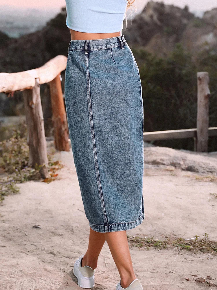 DressBetty - Streetwear Button Denim Skirt Bodycon Long Skirt