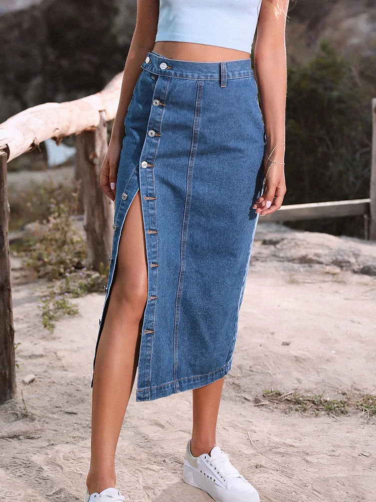 DressBetty - Streetwear Button Denim Skirt Bodycon Long Skirt