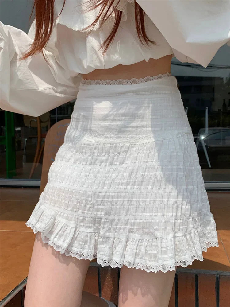 White Lace Trim Ruffled Sweet High Waist ALine Skirt