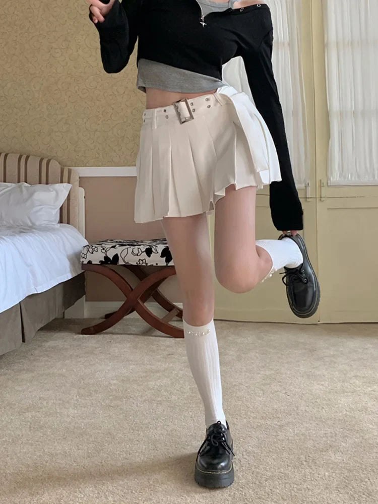 White Cargo Pleated Mini Skirts Retro Low Waist ALine Skirt