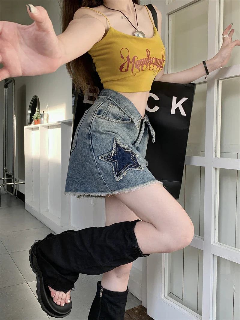 Y2k Star Patch Raw Hem Cuffs Aline Short Skirt