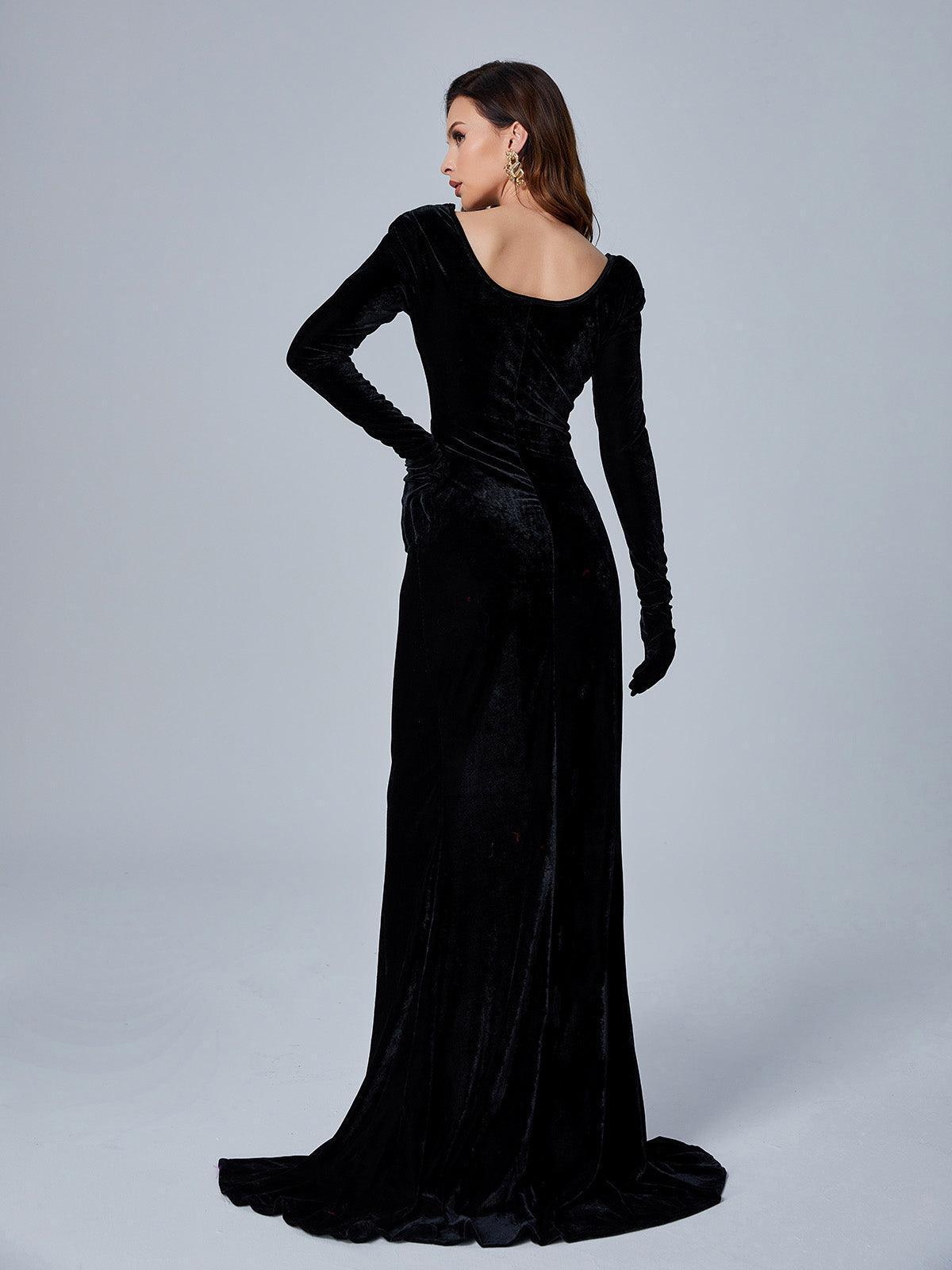 Long Sleeve Gloves Velvet Maxi Dress In Black